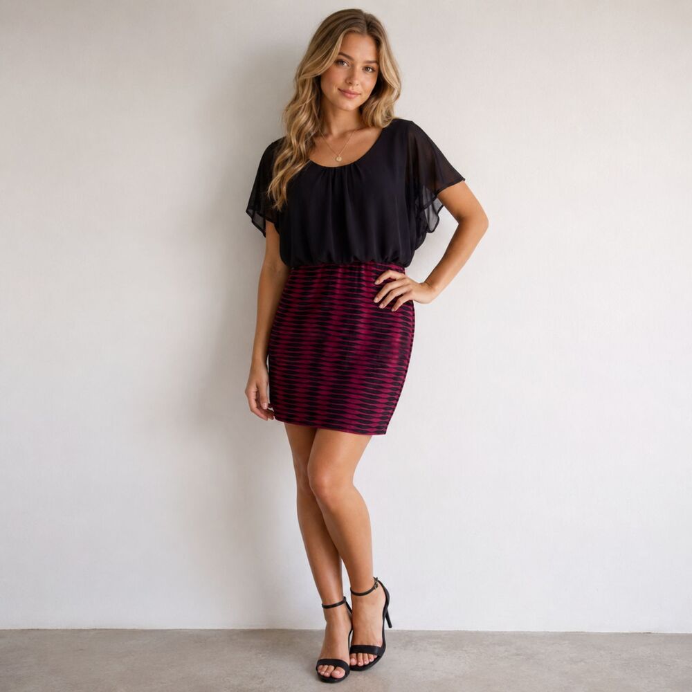 French Atmosphere Black Burgundy Colorblock Lined Bodycon Dress | Juniors Large